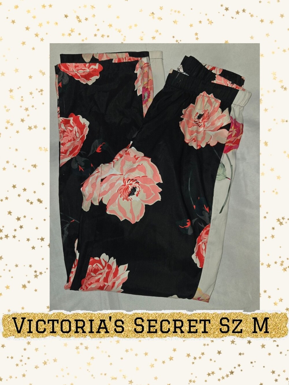 Victoria's Secret Black Pajama Pants with Pink Floral Print Sz M